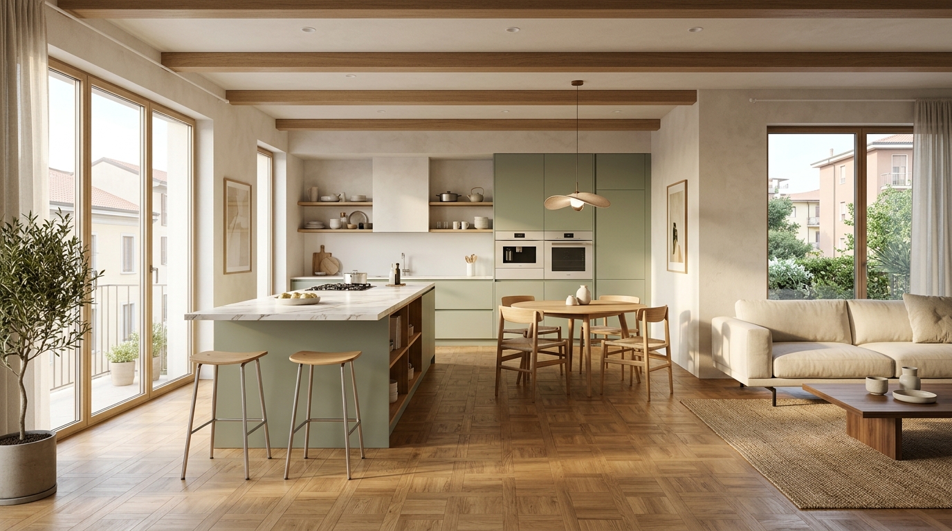 Render 3D Residenza Magenta — Open space con isola