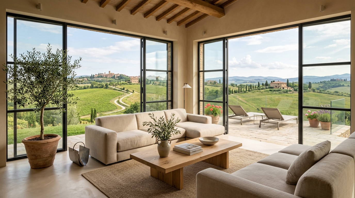 Render 3D Villa Montenero — Living panoramico in veranda vetrata