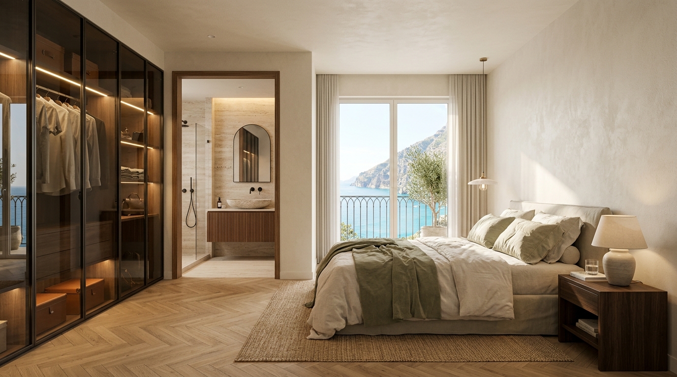Render 3D Appartamento San Jacopo — Suite padronale e cabina armadio