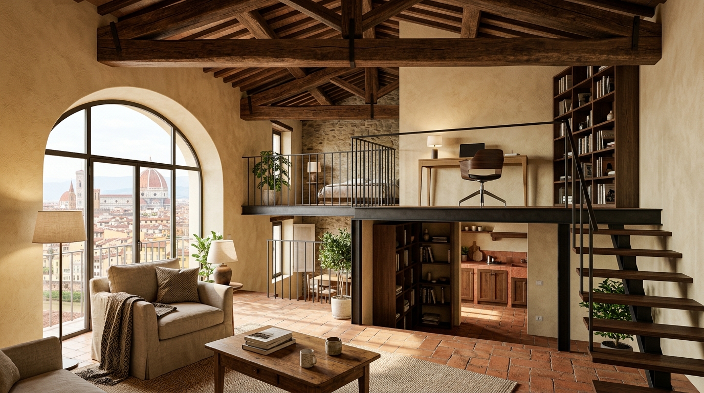 Render 3D Dimora Venezia — Loft con soppalco e travi a vista